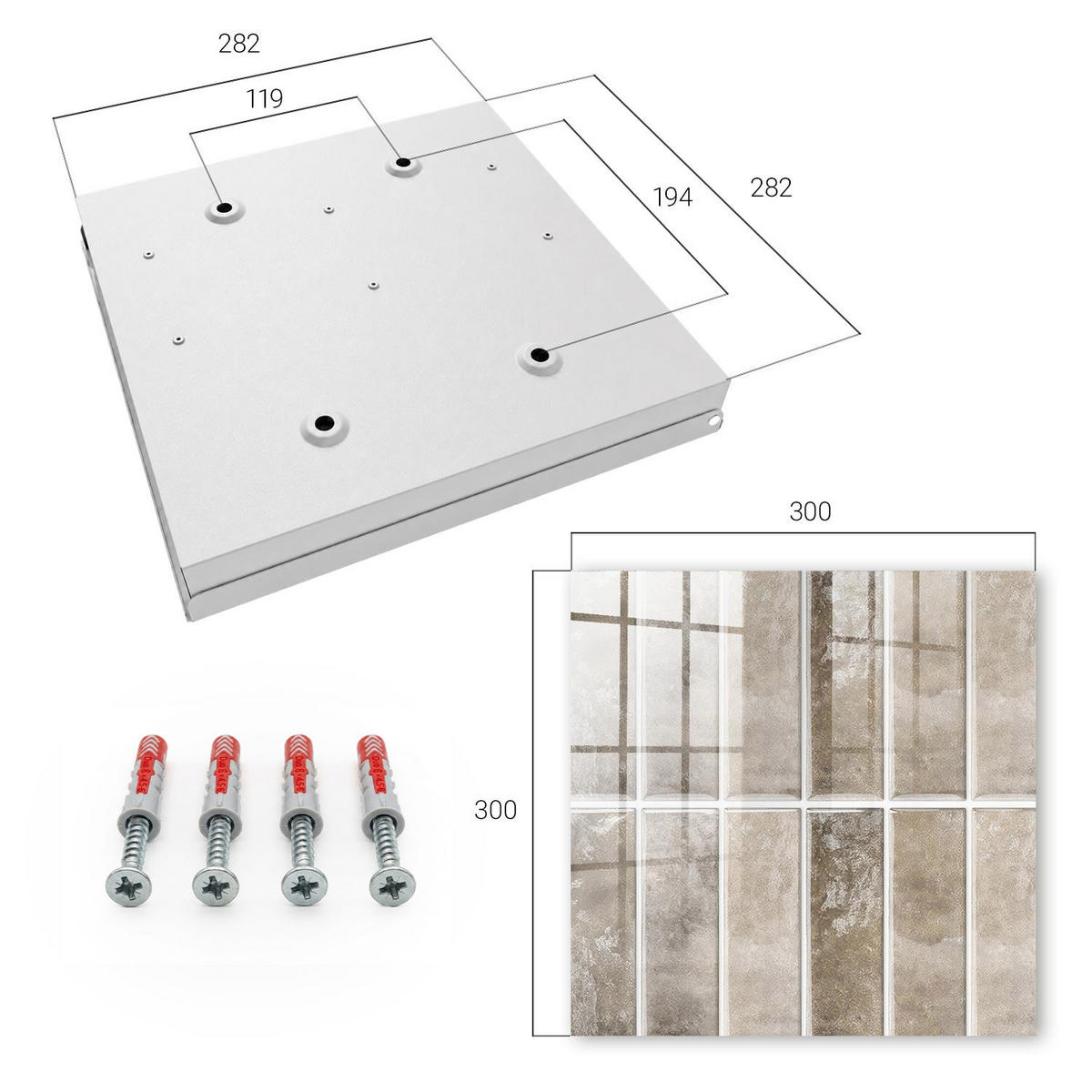 SCHLÜSSELBOX Weiß 30x30 cm – Türöffnung nach rechts - Elegante Fliesen - Grau, Metall (30/30/5cm) - TULUP