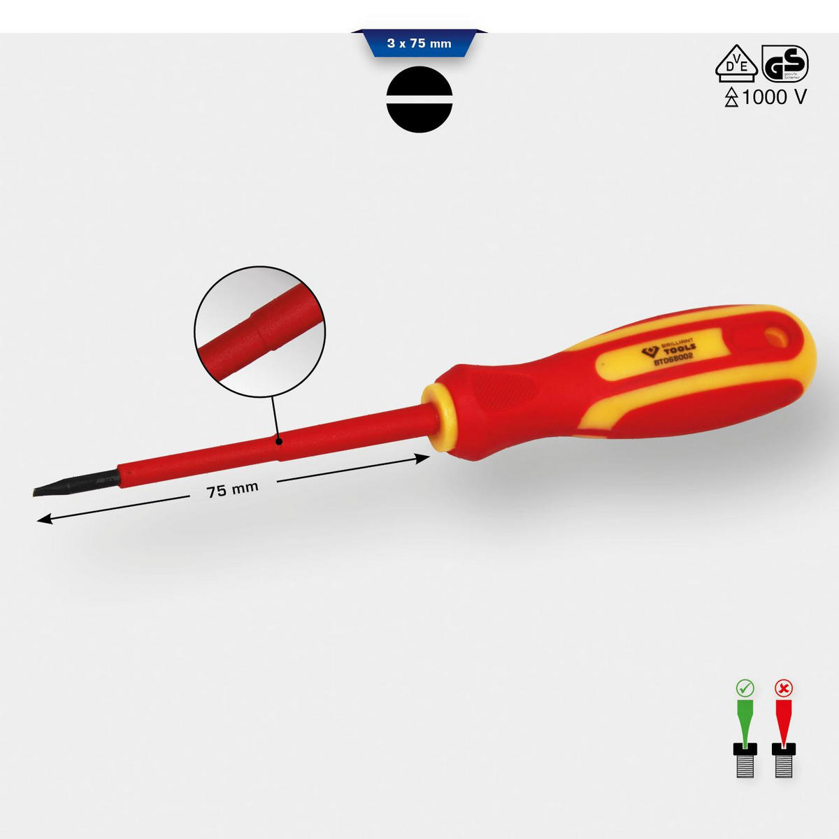 VDE SCHRAUBENDREHER SCHLITZ 3,0 X 75 MM - Multicolor, Kunststoff/Metall (5/21cm) - BRILLIANT TOOLS