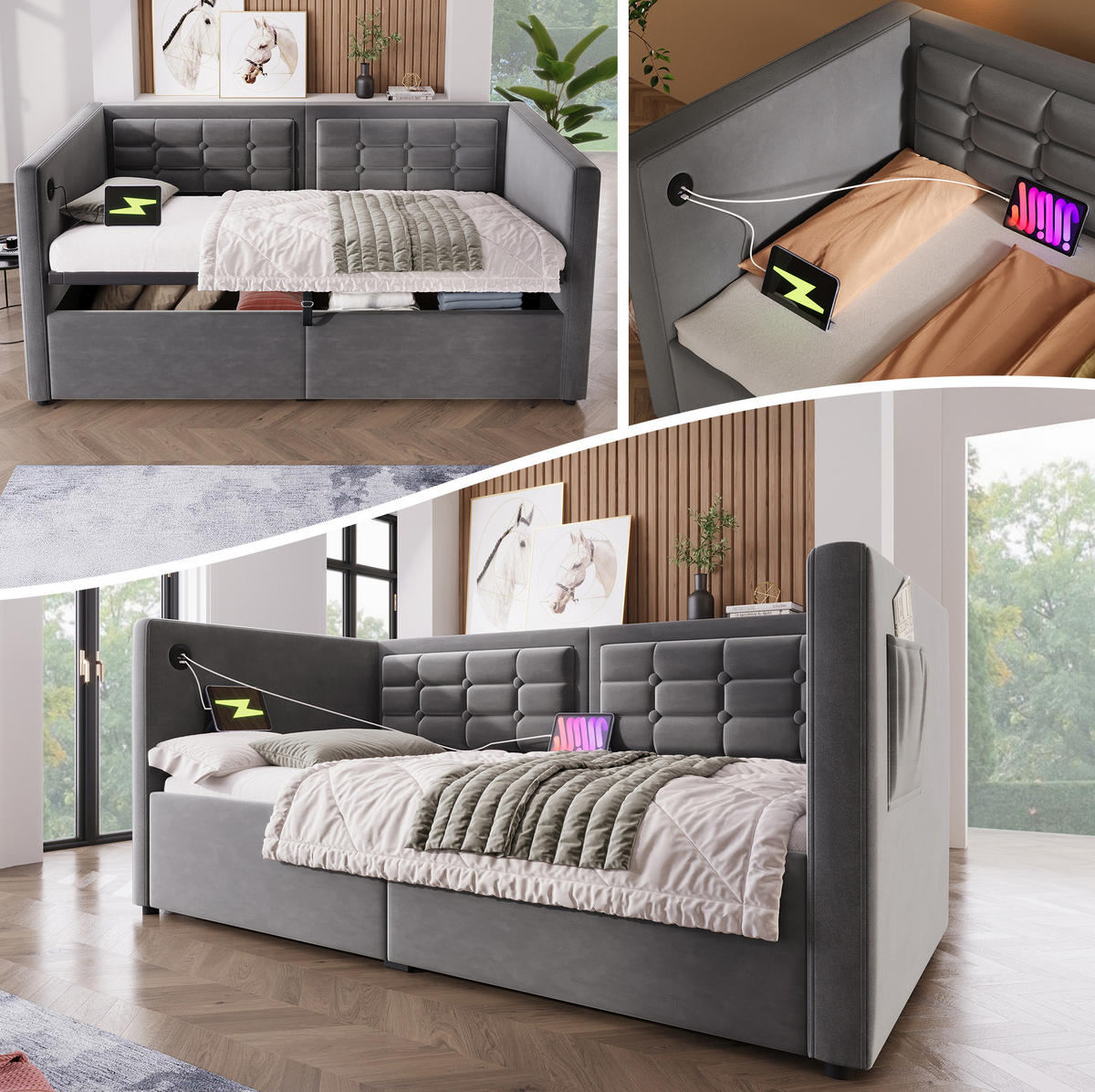 BETT 90/200 cm Grau aus Samt mit Stauraum und USB/Type-C - Grau, Textil (90/200cm) - OKMYHOME