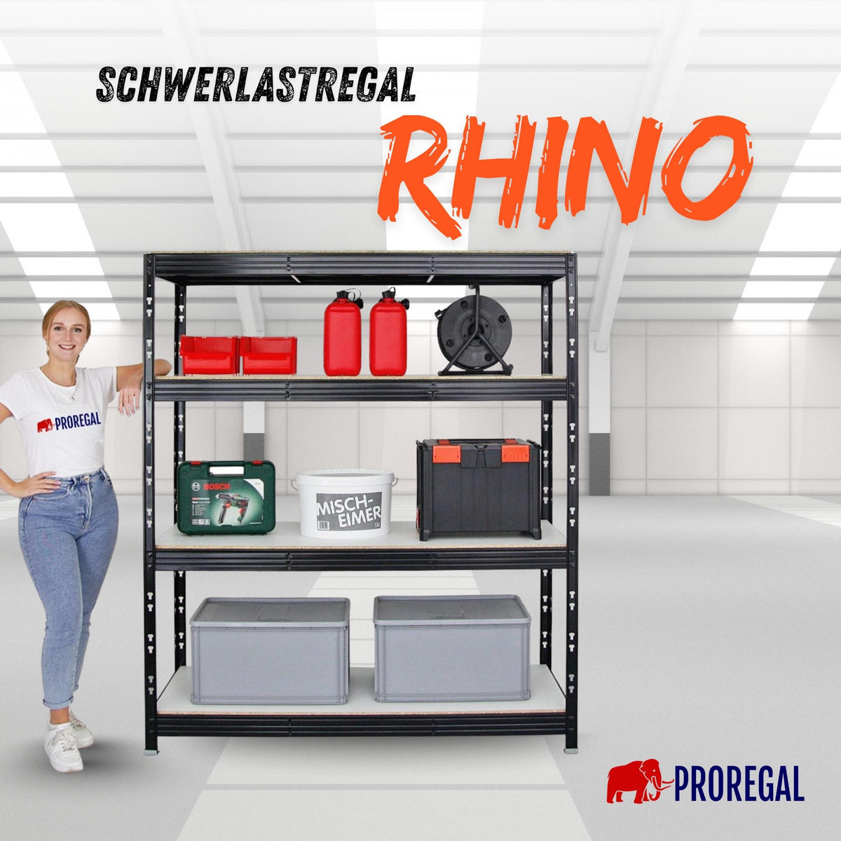 SCHWERLASTREGAL Rhino 180x160x60 cm 4 Melamin-Ebenen 16mm Fachlast 500 kg Schwarz - Schwarz/Weiß, Metall (160/180/60cm) - PROREGAL