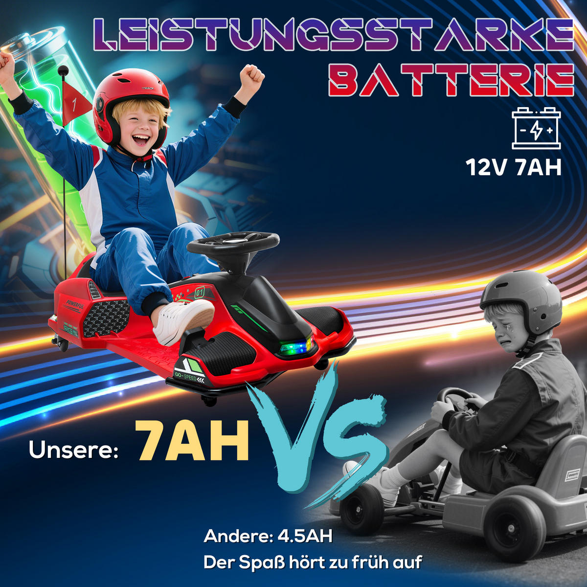 KINDER Elektro Gokart 12 V 3-8km/h Drift Kart mit Driftmodus Lichtern Musik - Rot, Kunststoff (90/53/99cm) - HOMCOM