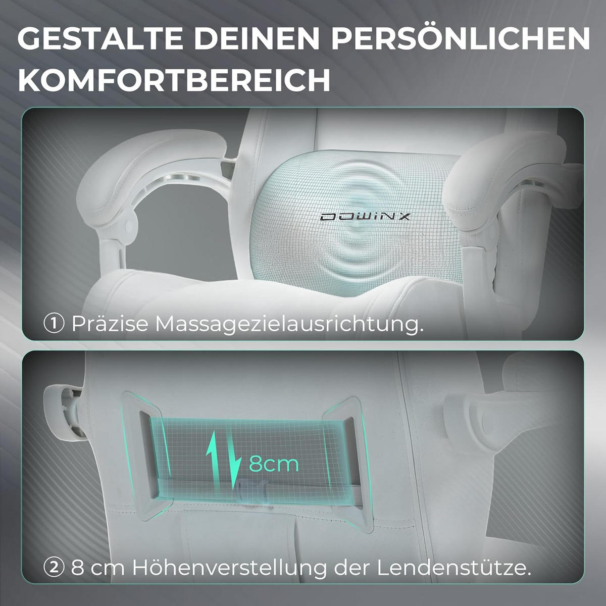 GAMING-STUHL Mikrofaser-Velours & Lendenkissen, Fußstütze 160° Neigbar - Weiß, Leder (70/132/70cm)