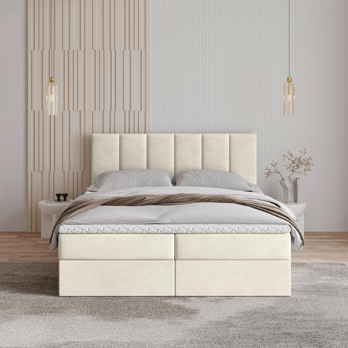 BOXBETT MERIL 160x200 cm mit Matratze und Topper - Creme - Creme, Holz (160/200cm) - MASSENO