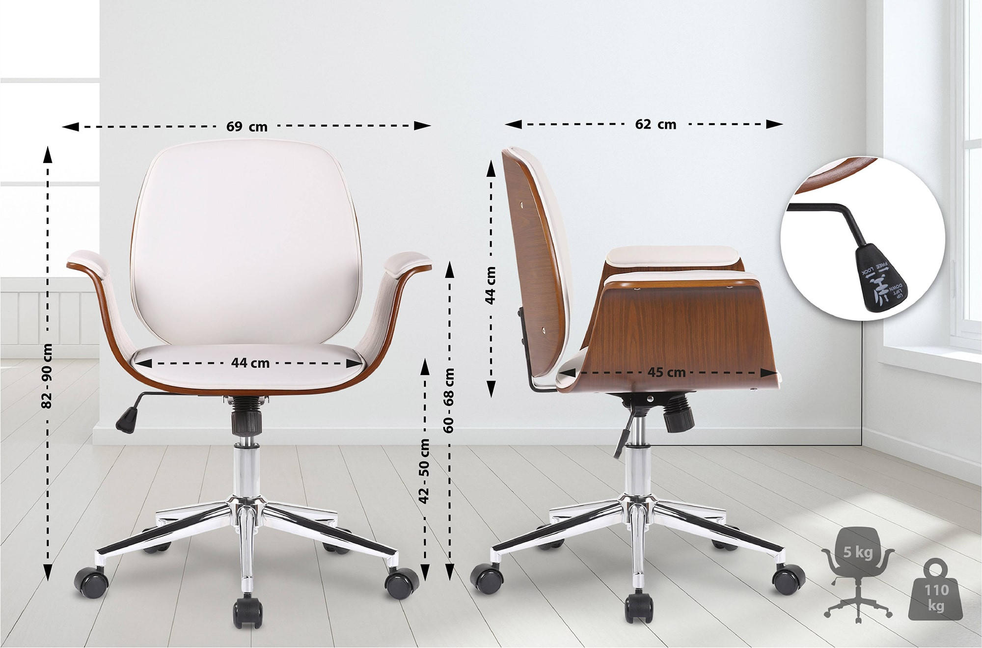 DREHSTUHL Holz walnuss/weiß - Chromfarben/Walnussfarben, Holz/Textil (69/82/62cm) - CLP