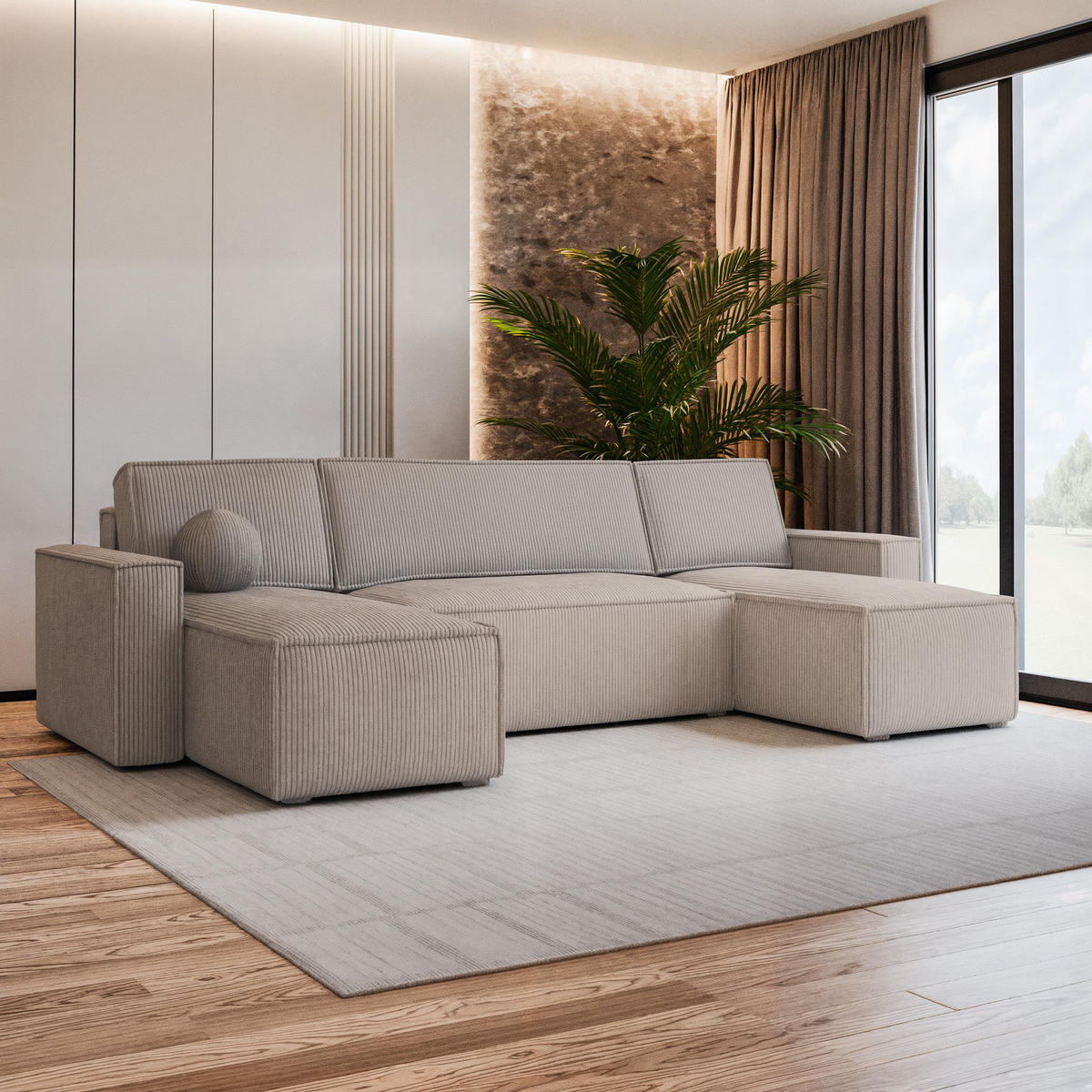 WOHNLANDSCHAFT PESANO P Beige Kordstoff mit Schlaffunktion - Beige, Holz (306/85/140cm) - MASSENO