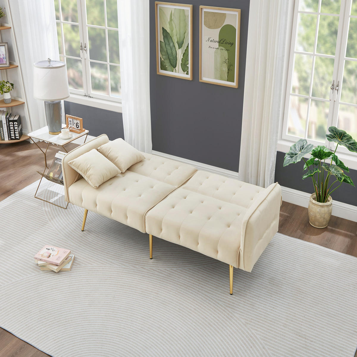 SOFA Zweisitzer Sofabett Velours Verstellbare Lehne Großzügig Schlaffunktion - Beige, Holz (89.92/18.03/80.52cm) - FLIEKS