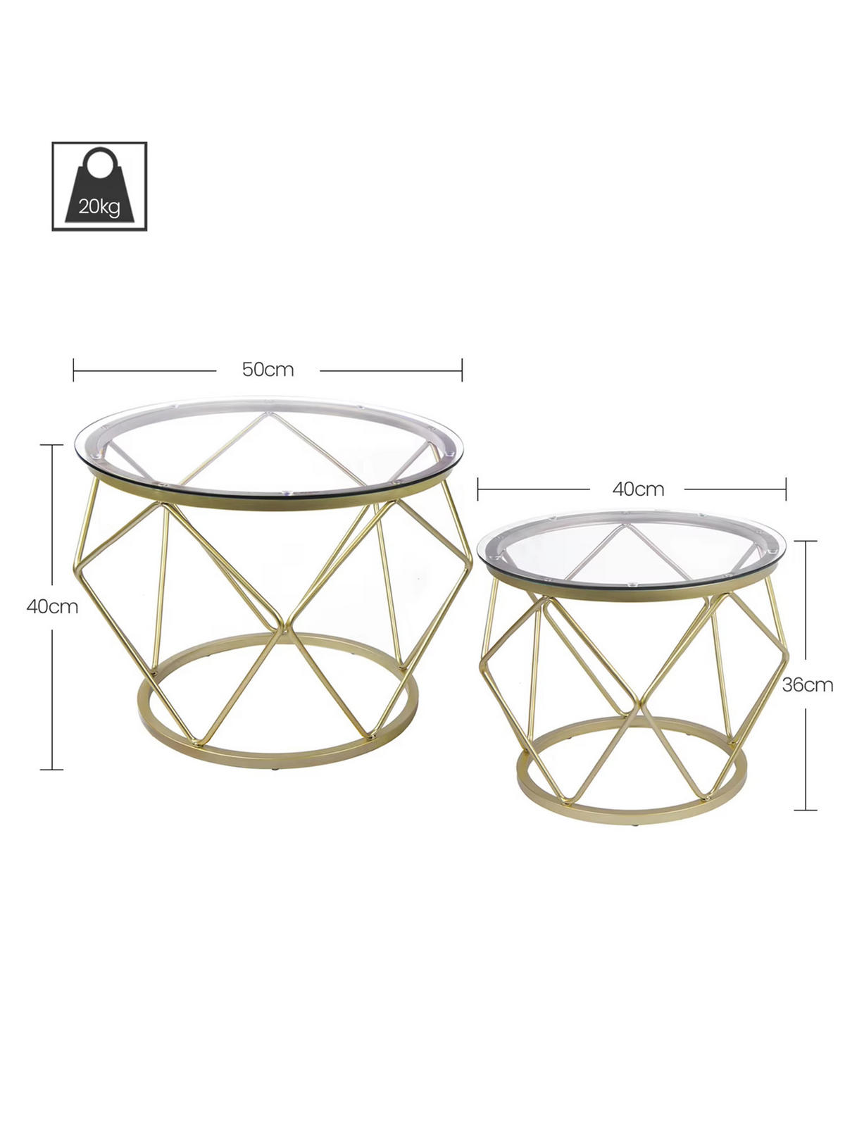COUCHTISCH 2er Set rund Metallrahmen Beistelltisch - Goldfarben, Glas (50/50/40cm) - Kaket