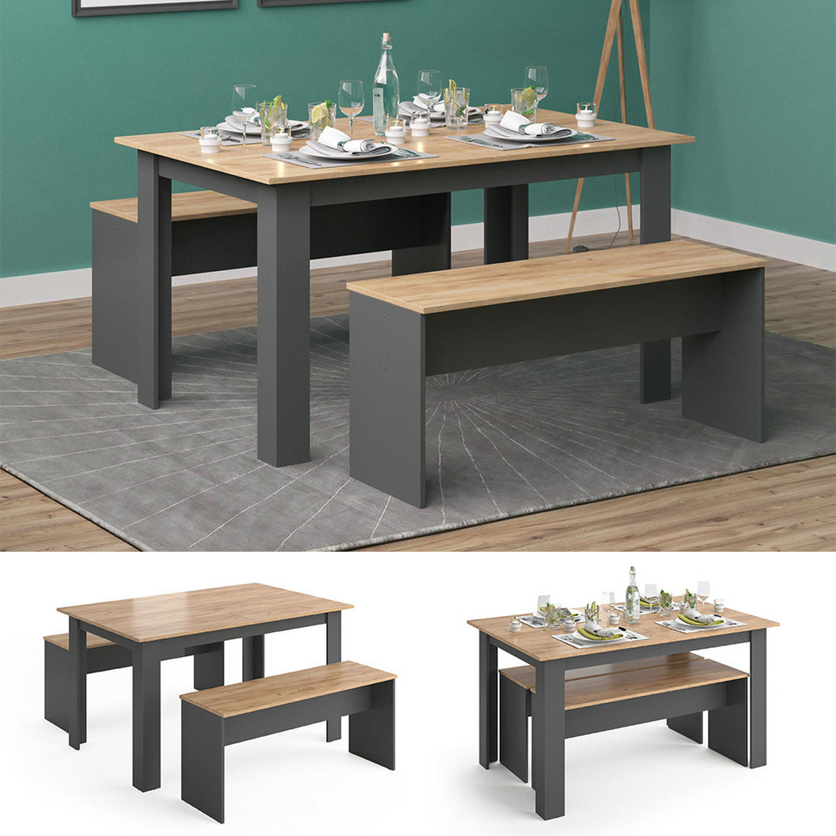 ESSTISCH SET Sentio Anthrazit 90 x 140 cm mit 2 Bänken - Anthrazit, Holzwerkstoff (140/76/90cm) - Vicco