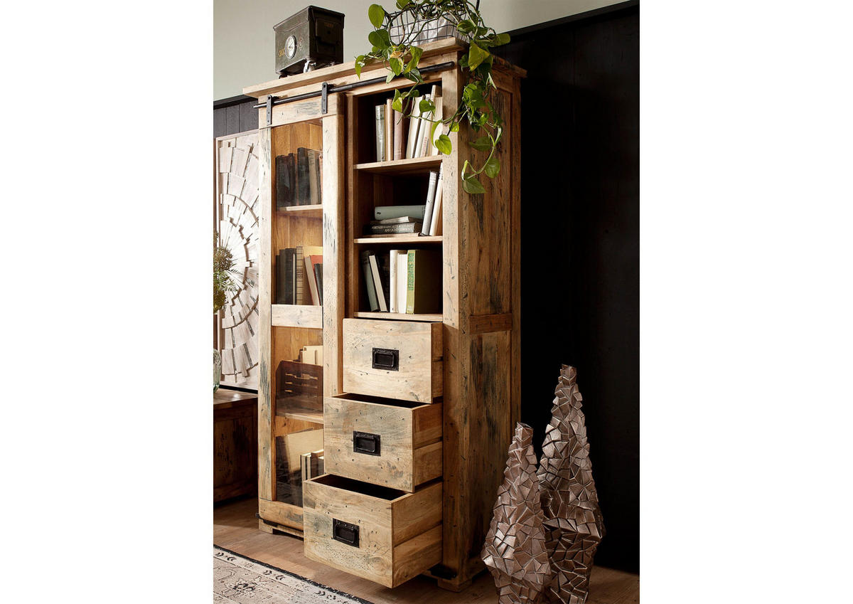 VITRINE Mango 100x45x175 natur lackiert RAILWAY #126 - Braun, Holz (100/175/45cm) - Massivmoebel24