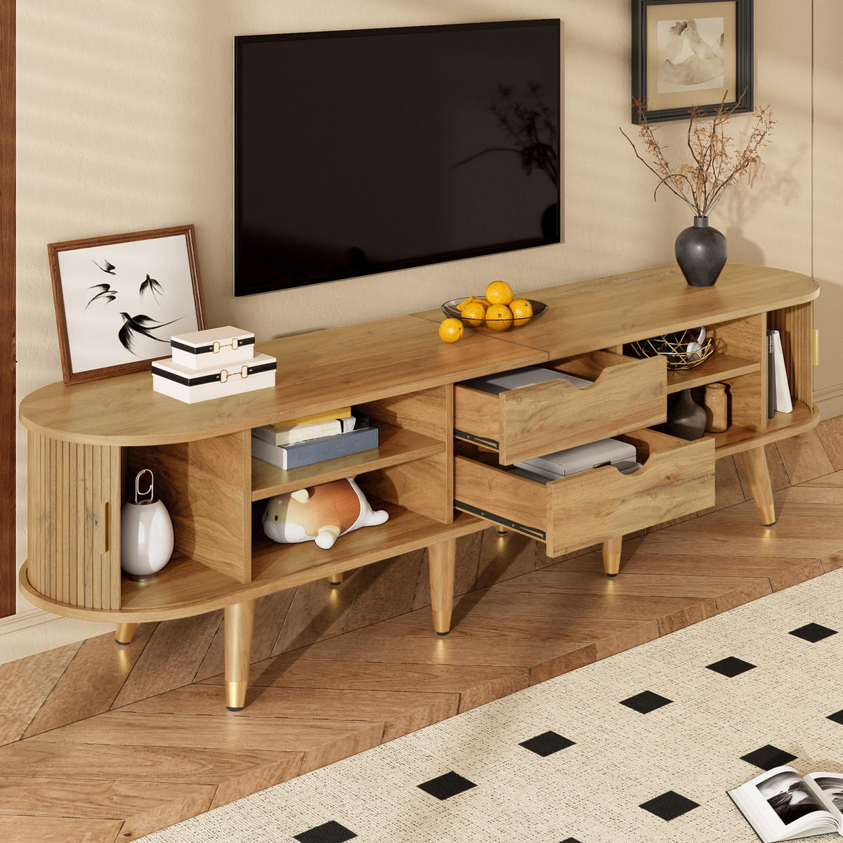 TV-LOWBOARD mit Schiebetüren und Schubladen, moderner TV-Schrank Wohnzimmer - Schwarz, Holz (120/63/30cm) - PARAFTA HOME