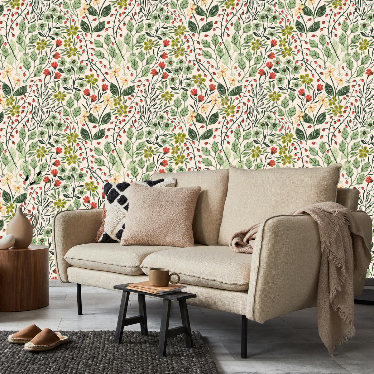VLIESTAPETE Wildblumen, Blätter und Früchte – Grün, Rosa, Creme – 50x1000 cm - Creme/Rosa, Papier (50/1000cm) - Muralo