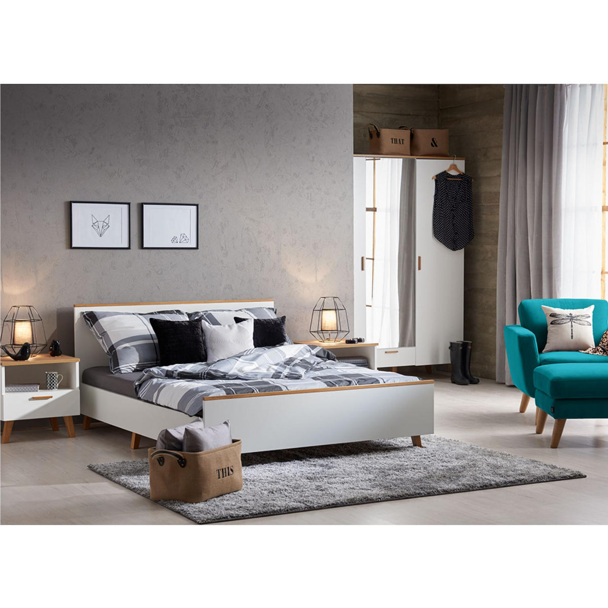 KLEIDERSCHRANK FRISK Verspiegelter, weiß - Eichefarben/Weiß, Eichenholz/Holzwerkstoff (150/195/58cm) - KONSIMO®