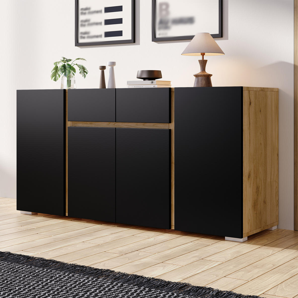 SIDEBOARD 140/35/70 cm mit 4 Türen, 2 Schubladen und verstellbaren Einlegeböden in Schwarz-Holzoptik - Schwarz/Naturfarben, Holzwerkstoff (140/70/35cm) - CHICFURN
