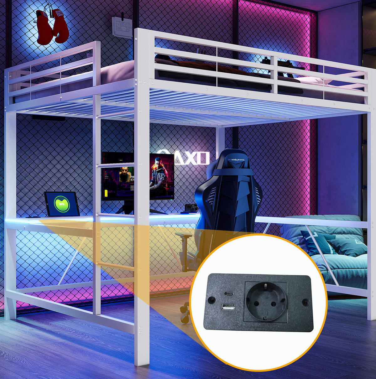 HOCHBETT 160x200 cm in Weiß mit Schreibtisch und LED-Beleuchtung - Weiß, Holzwerkstoff (160/200cm) - IVMEU