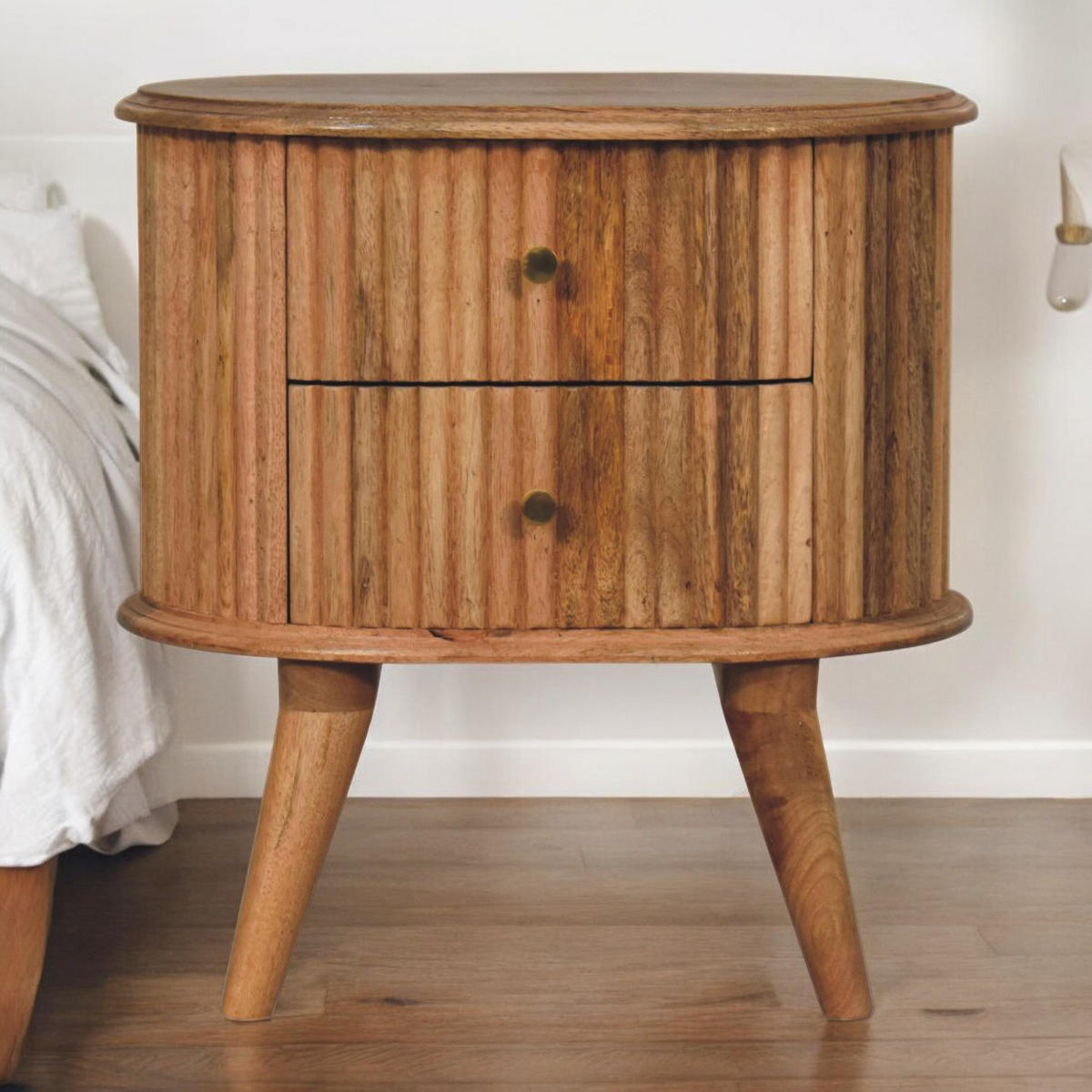 NACHTTISCH Soba mit 2 Schubladen, Nordische Beine, Beige - Beige/Messingfarben, Mangoholz/Holz (48/50/35cm) - Artisan Furniture