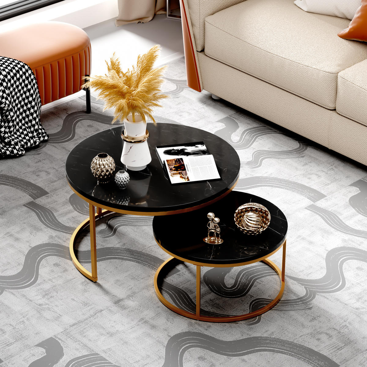 COUCHTISCH-SET mit Marmoreffekt und Metallrahmen Basis, Stapelbarer Beistelltisch Set 80/80/45 cm + 60/60/33,5 cm, Schwarz und Gold - Schwarz, Holzwerkstoff (80/80/45cm) - Redom