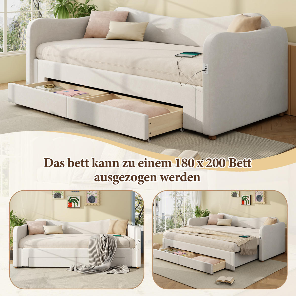 ČALOUNĚNÁ POSTEL 90/200 cm & 180/200 cm v béžové barvě se zásuvkami, USB a Type-C - béžová, kov/kompozitní dřevo (90/200cm) - CHICFURN