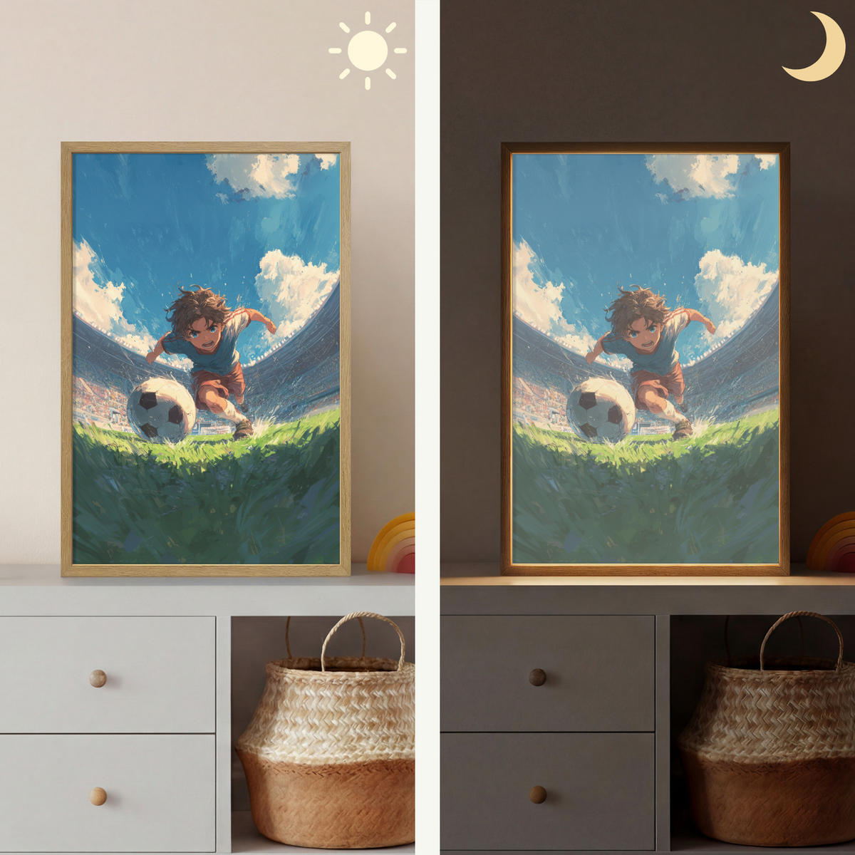 NÁSTĚNNÁ LAMPA S AKUMULÁTOREM Stadion - Fotbalista - Míč 40x60 cm - modrá, kompozitní dřevo (40/60/8cm) - OnlyWow