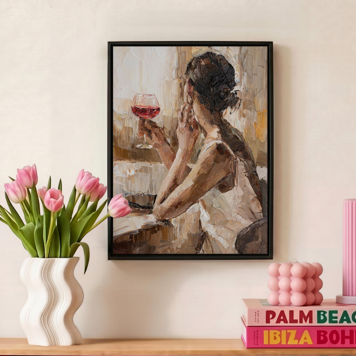 LEINWAND Bilder mit Rahmen - Ölgemälde - Frau - Wein - 30x40 - Hellbraun, Textil (30/40cm) - MuchoWow