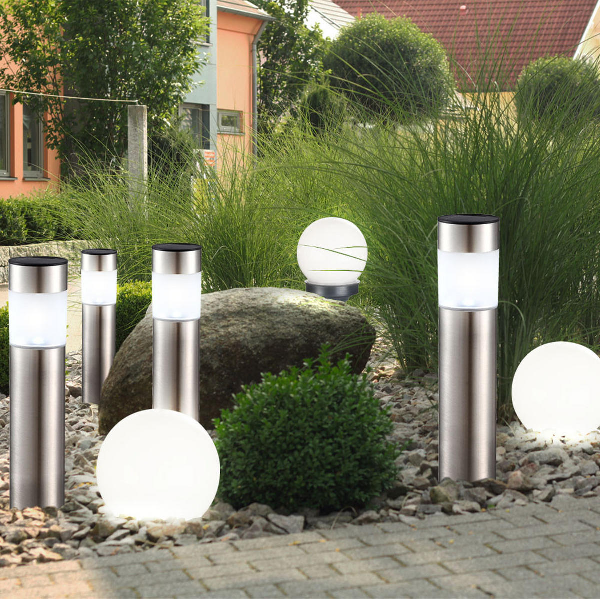 LED AUSSENLEUCHTE Solar Säulen und Kugel Weiß 7er Set - Weiß, Kunststoff (6.5/6.5/38cm)