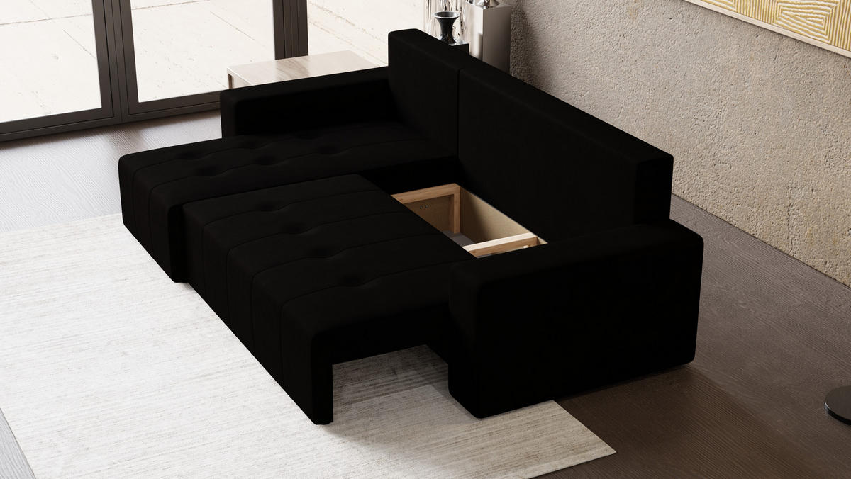ECKSOFA Tico mit Bettkasten und Schlaffunktion, L-Form/XL-Form, Velourstoff, Universal - Schwarz, Holzwerkstoff (246/145cm) - 4ALL HOME