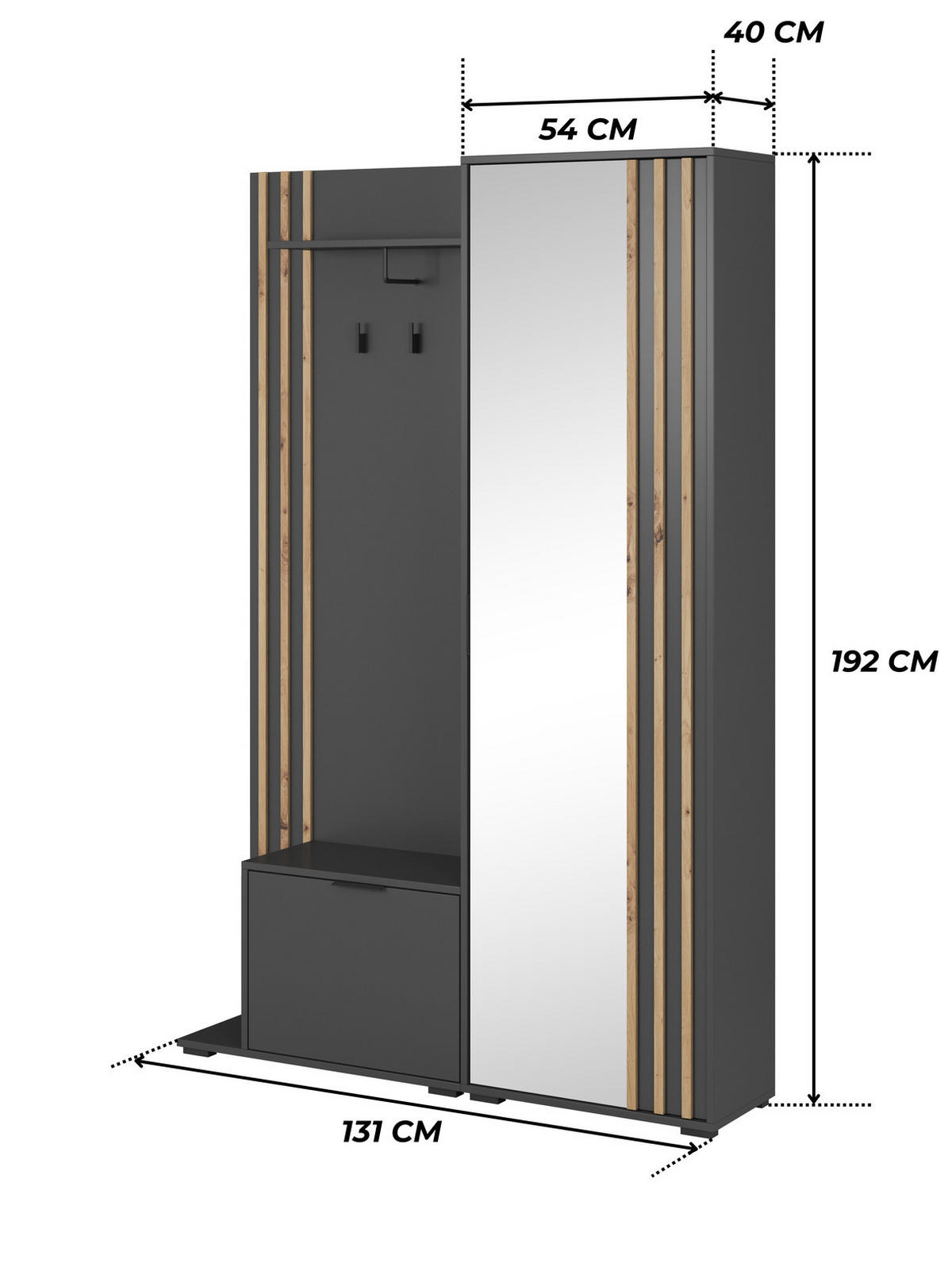 GARDEROBE STILO 131 cm (Graphit, Lamellen Artisan Eiche, Spiegel, Metallgriffe) - Schwarz/Graphitfarben, Holz/Holzwerkstoff (131/192/40cm) - Ravio