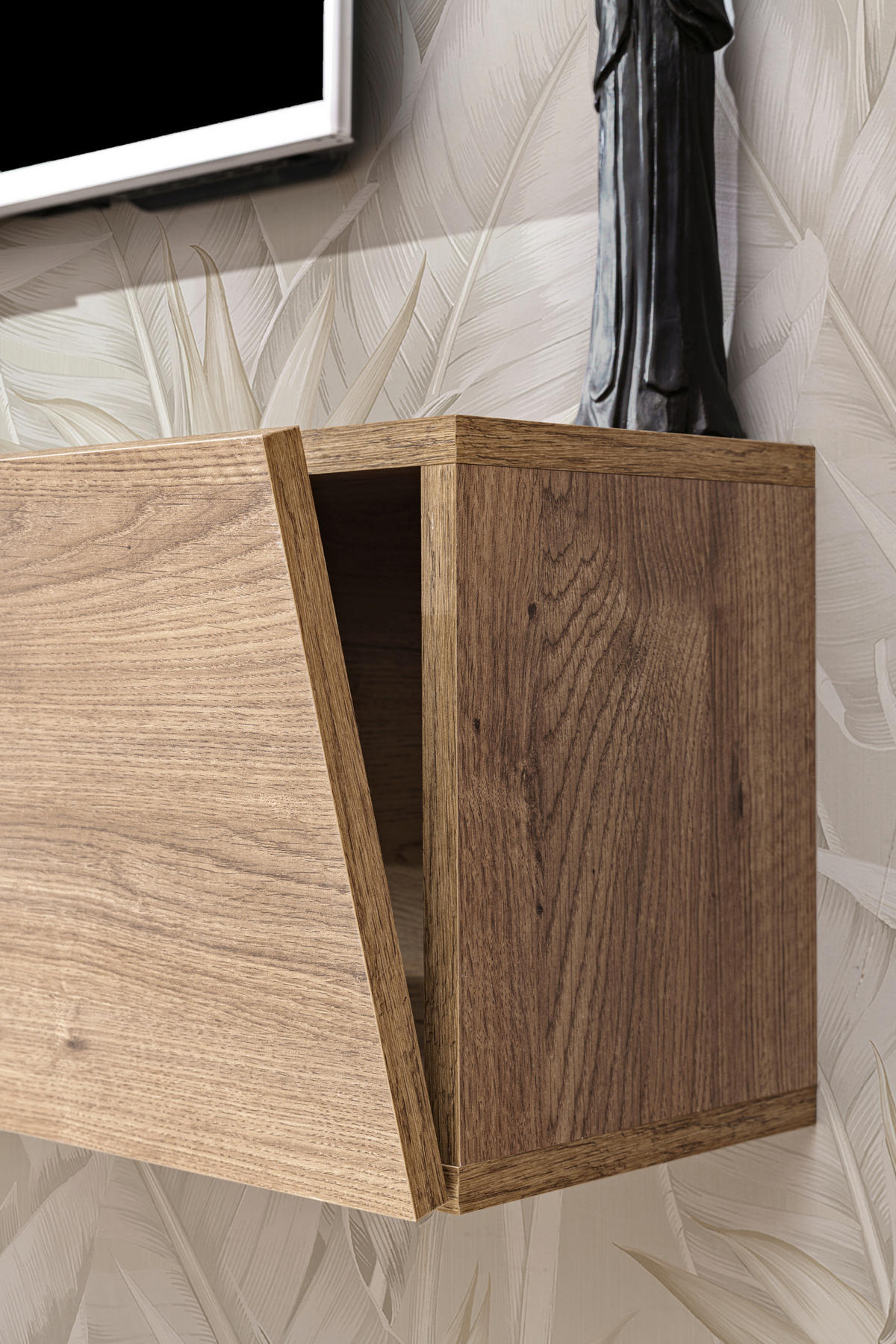 WOHNWAND COMO, hängevitrine und hängeboard, sechs Glasböden, LED mehrfarbige Beleuchtung, Honigeiche/Trüffeleichefarben - Honigeiche/Trüffeleichefarben, Glas/Holzwerkstoff (211/178/23cm) - Komodee