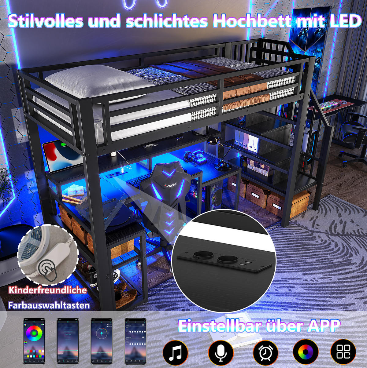 HOCHBETT 90/200 cm Schwarz aus Metall mit Schreibtisch und LED-Lichtleiste - Schwarz, Metall (90/200cm) - OKMYHOME