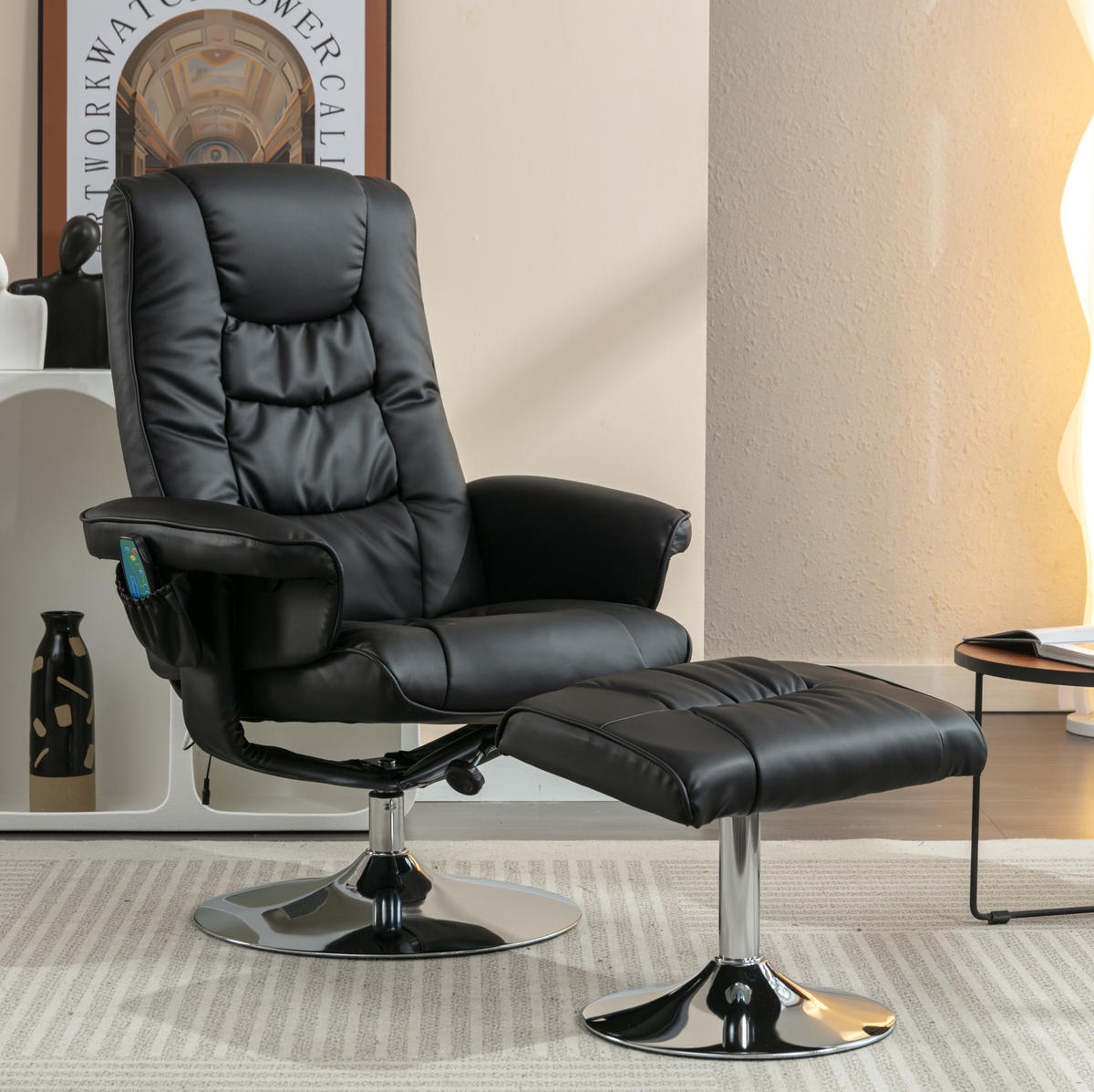 MASSAGESESSEL PU-Leder mit Heizfunktion und 5-Punkt-Massage 79/79/106 cm Schwarz - Schwarz, Kunststoff (79/106/79cm) - Redom