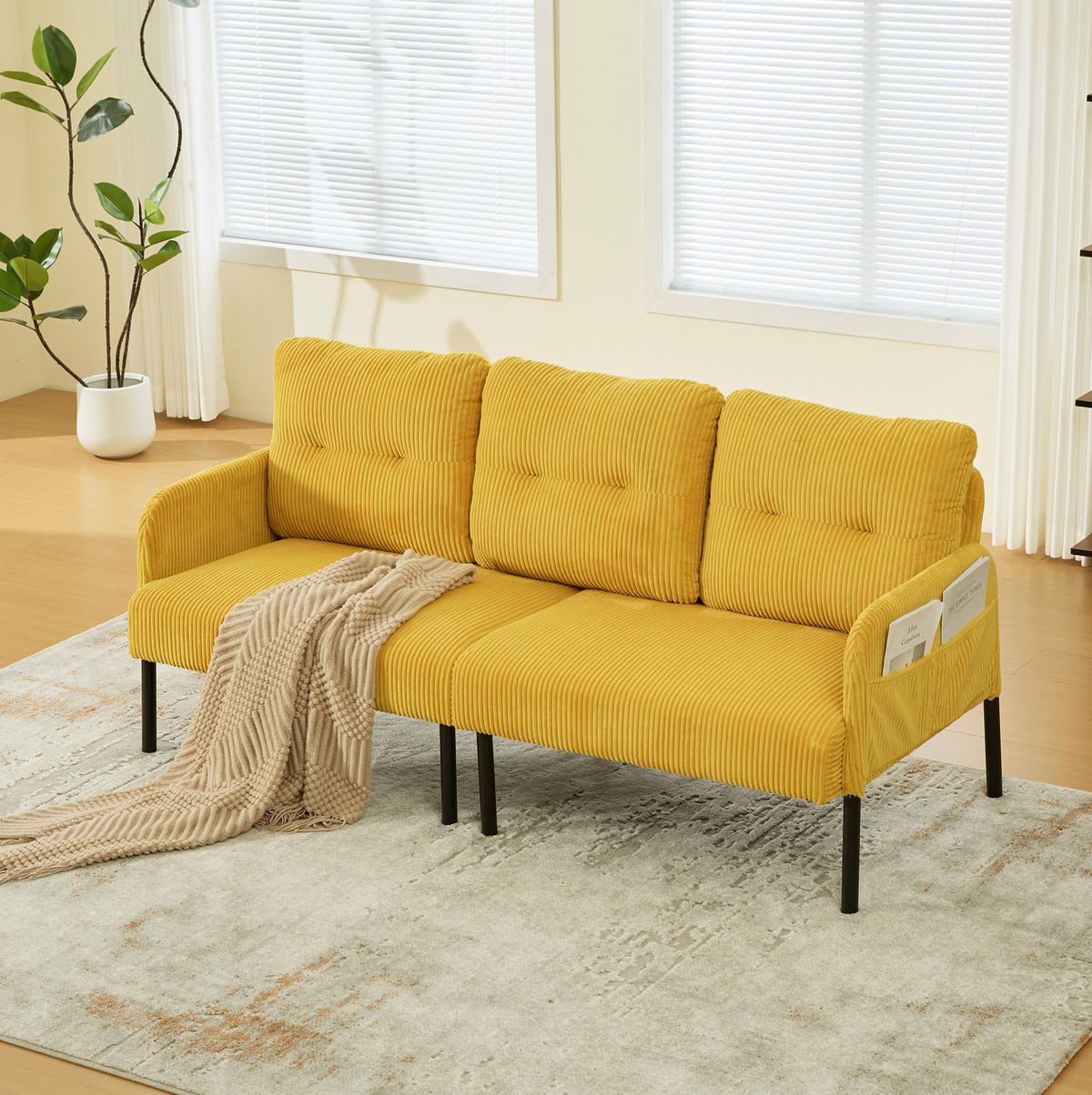 SOFA 3-Sitzer mit Seitentasche 171x72x80 cm Cord Gelb - Gelb, Kunststoff (171/80/72cm) - Meubliv