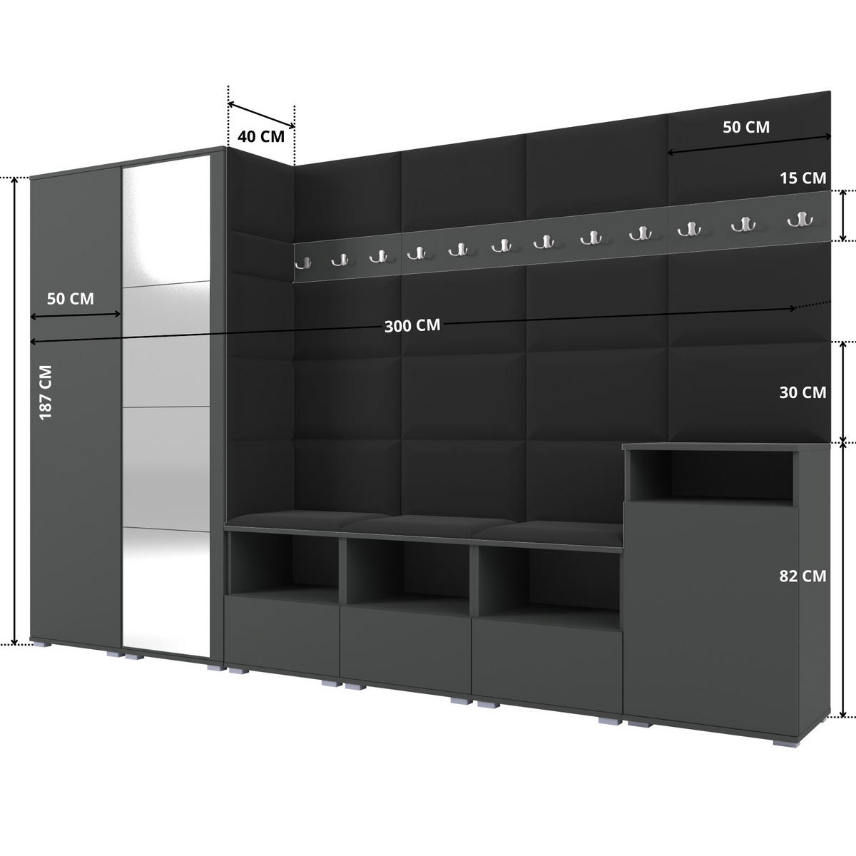 GARDEROBE NELA XII 300 cm (Modulare Flurmöbel Graphit mit Spiegel & Sitzpolster Schwarz 16 Gigantisches Set) - Silberfarben/Schwarz, Holz/Holzwerkstoff (300/187/40cm) - Ravio