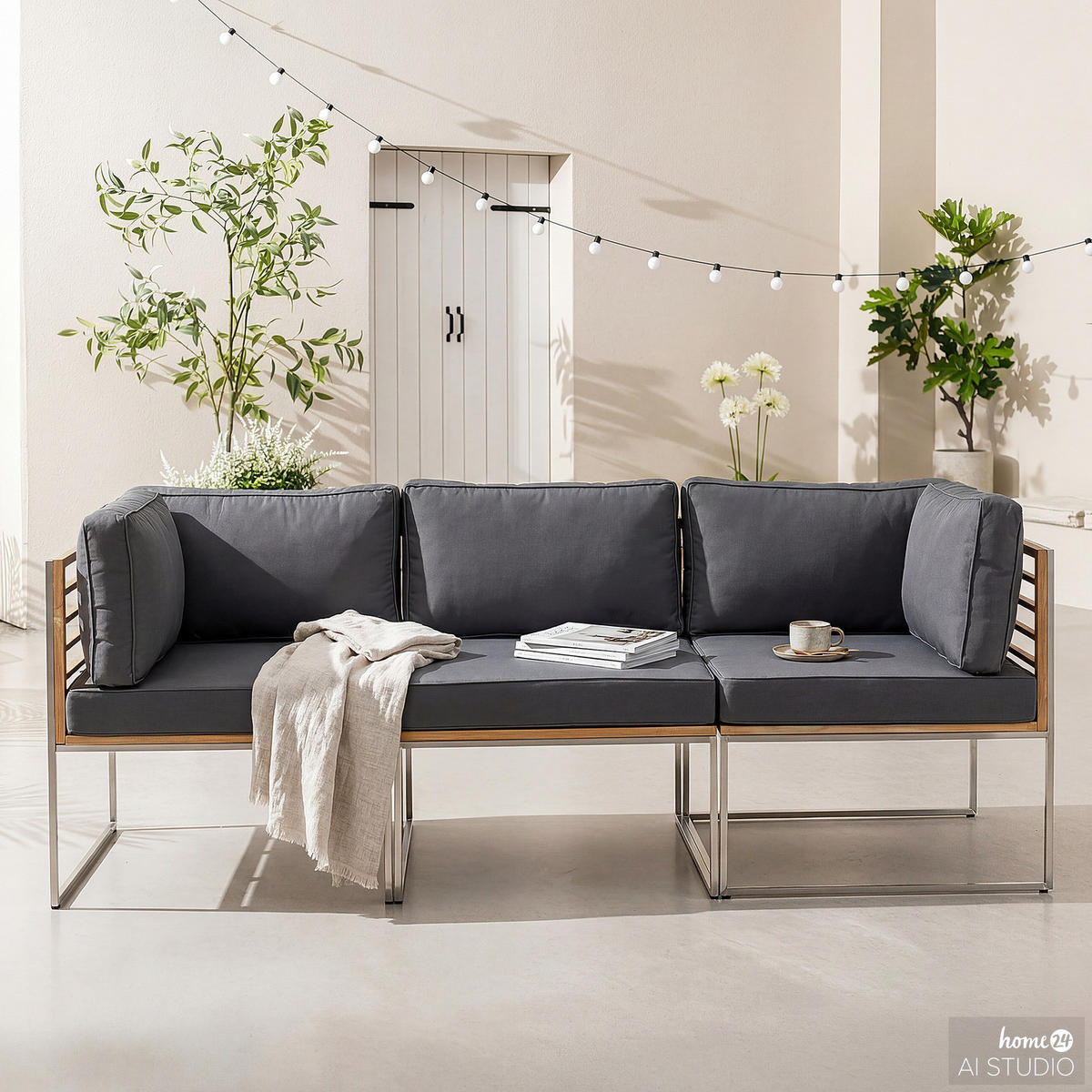 TEAKHOLZ GARTENBANK - 3-teilig - Webstoff / Teak massiv - Grau / Braun - Hellgrau, Holz/Textil (1/1/1cm) - home24