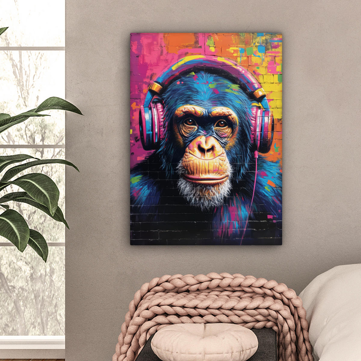 LEINWANDBILD Graffiti - Schimpanse - Straßenkunst - Kopfhörer - Affe Wandbild Wohnzimmer 60x80 cm - Blau, Textil (60/80cm) - MuchoWow