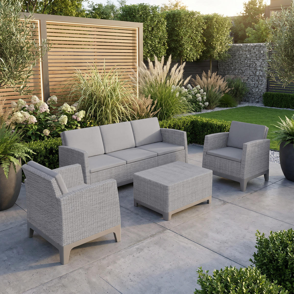GARTENSET Norrin aus Polypropylen, 3-Sitzer-Sofa, 2 Sessel und Tisch, für 5 Personen, Grau - Grau, Kunststoff - Beautysofa