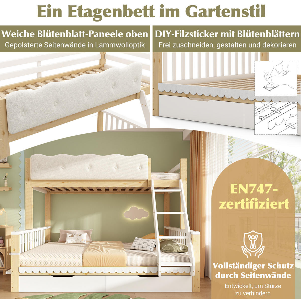 ETAGENBETT 90x200/140x200 cm in Weiß & Eiche mit Schubladen - Eichefarben, Holz (140/200cm) - IVMEU