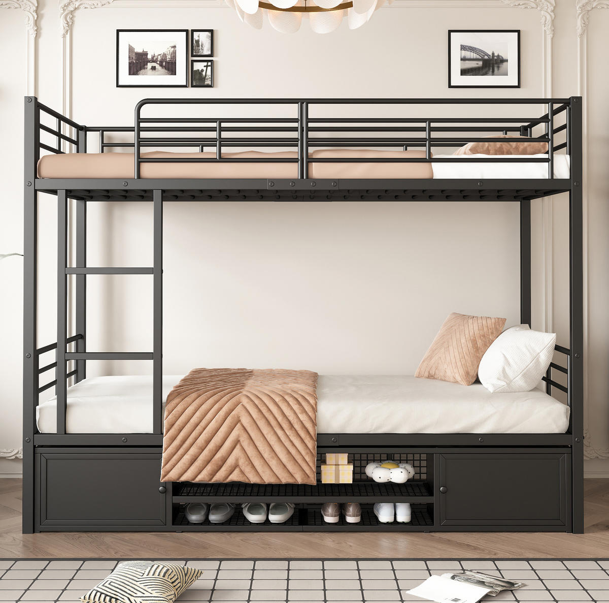 ETAGENBETT 90/200 cm aus Metall mit Schuhablage und 2-türigem Stauraum Schwarz - Schwarz, Metall (90/200cm) - Modenvie