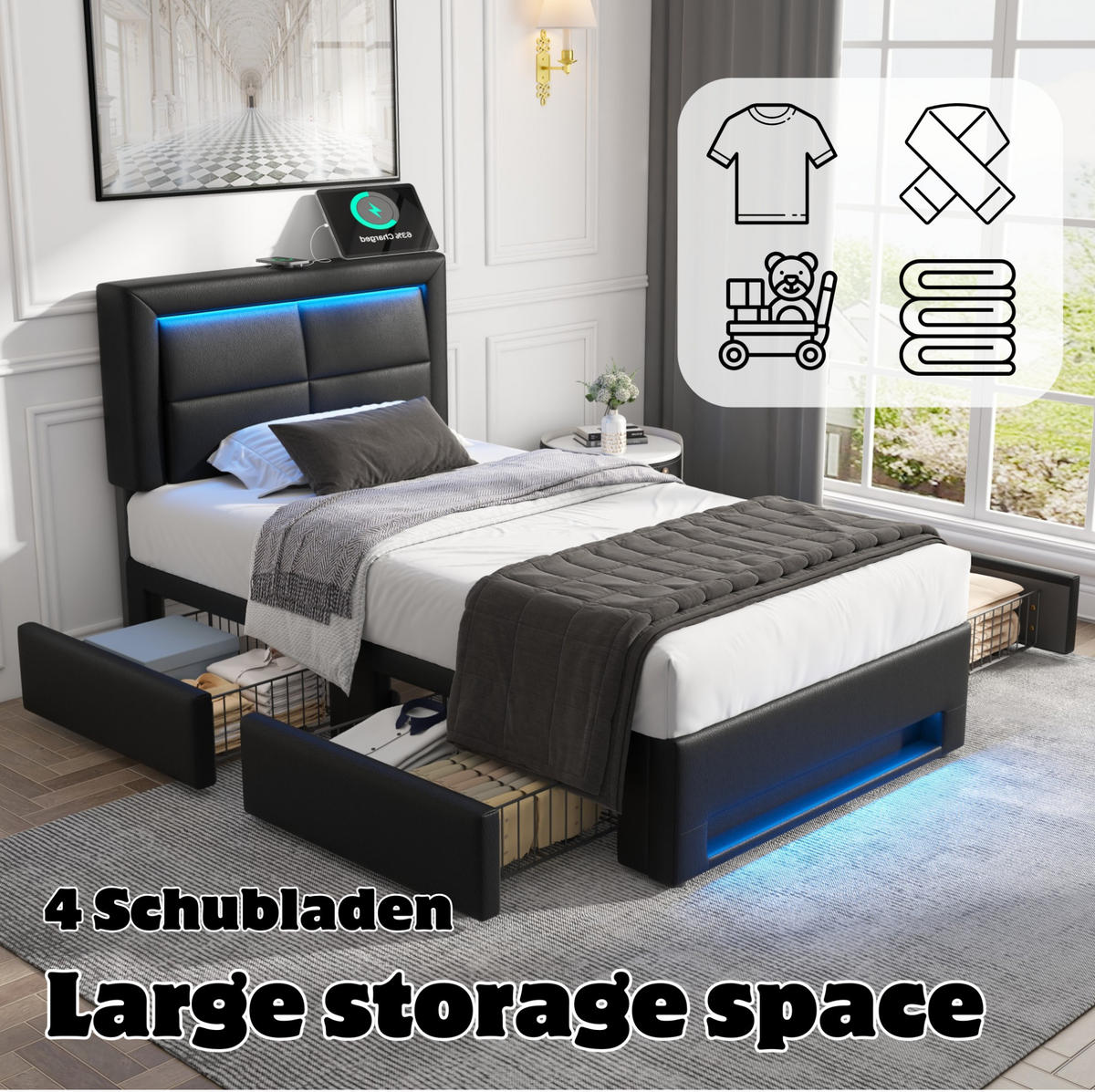 POLSTERBETT mit USB, LED und 4 Schubladen 90x200 cm PU Schwarz - Schwarz, Metall (90/200cm) - Meubliv