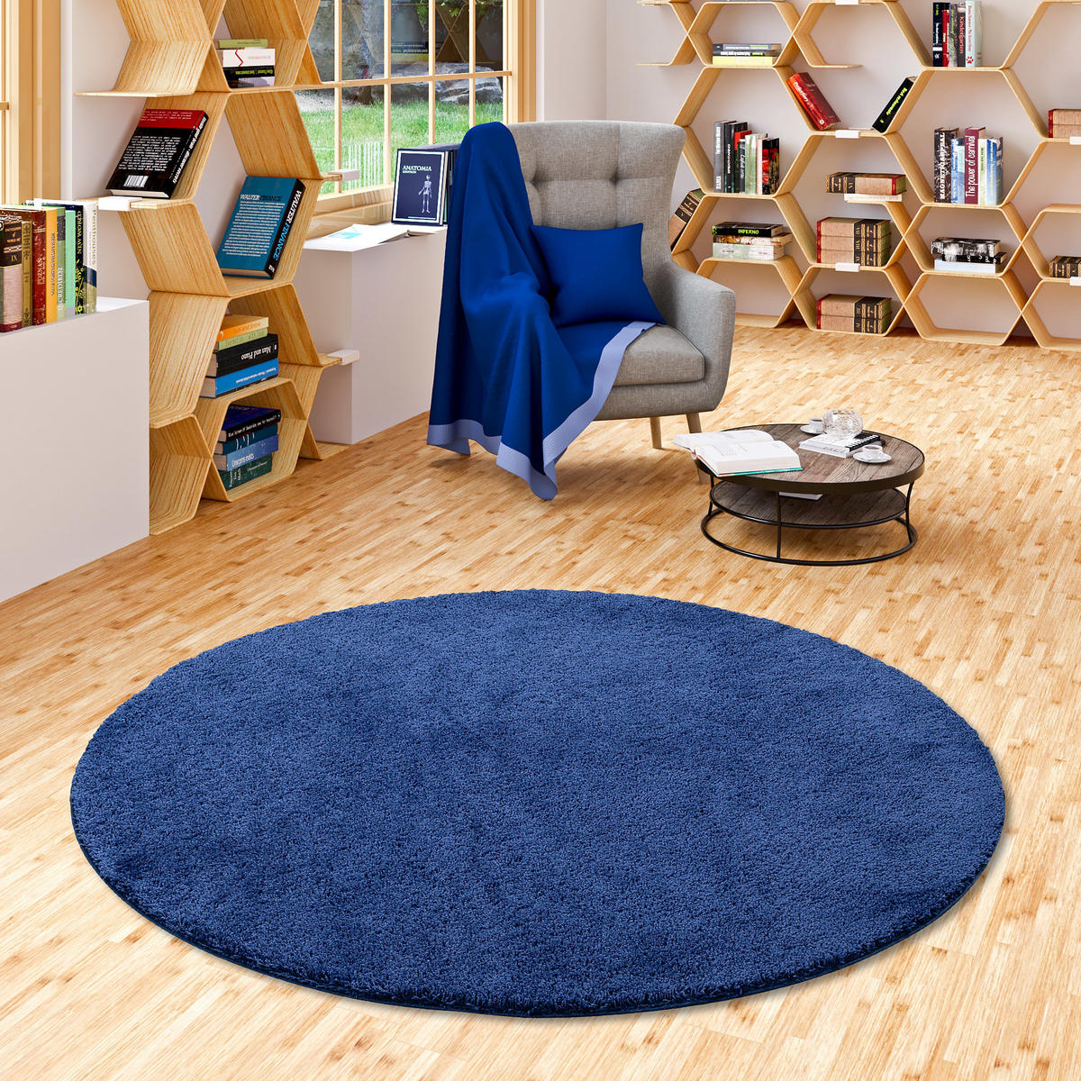HOCHFLOR SHAGGY TEPPICH PALACE RUND - Dunkelblau, Textil (100/100cm) - Snapstyle