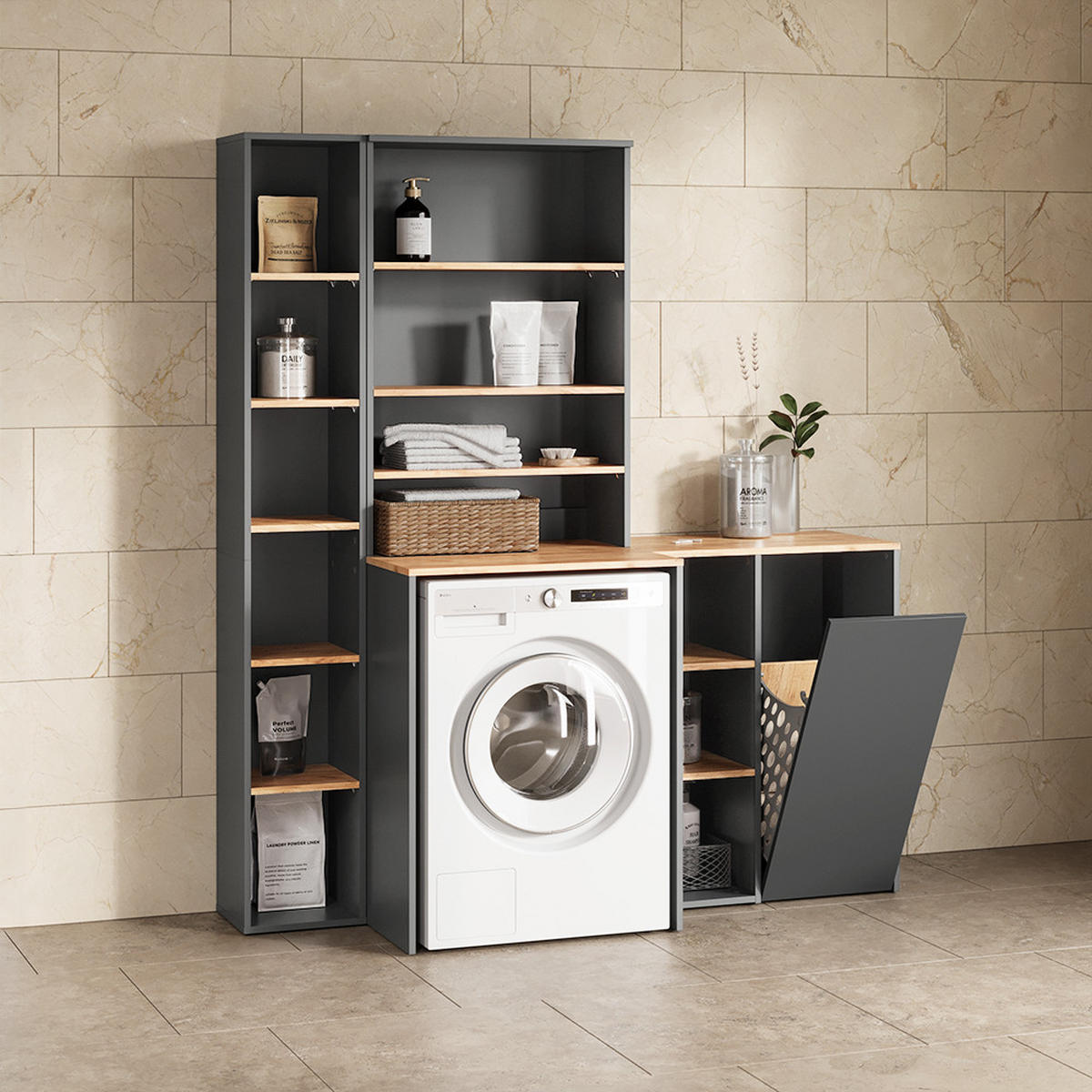 WASCHMASCHINENSCHRANK Paolina Anthrazit/Goldkraft Eiche 68 x 100.4 cm mit offenen Regalen - Anthrazit/Eiche Wotan, Holzwerkstoff (68/100.4/29cm) - Livinity®