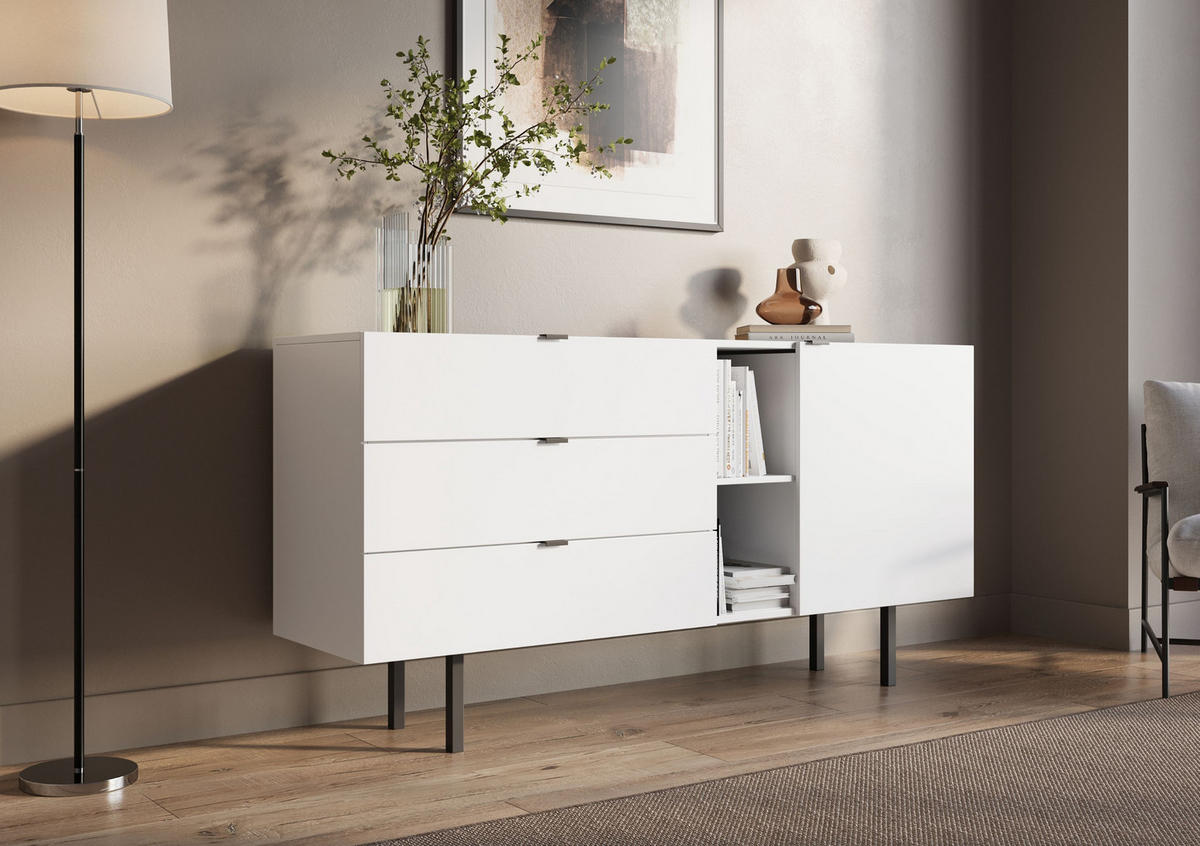 SIDEBOARD Myway, Weiß, 3 Schubladen, Minimalistisch, 160 cm - Schwarz/Weiß, Holzwerkstoff/Metall (160/80/41.6cm) - Skandica