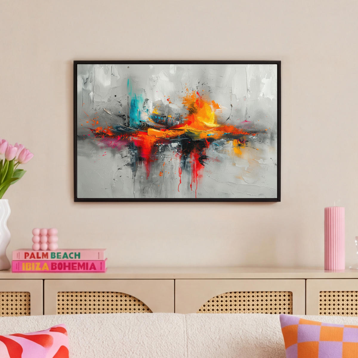 LEINWAND Bilder mit Rahmen - Moderne Kunst - Orange - Grau - Abstrakt - 60x40 - Hellgrau, Textil (60/40cm) - MuchoWow