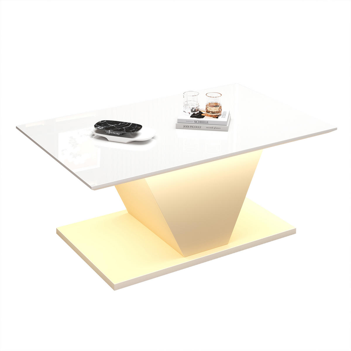 COUCHTISCH 100/50/46 cm V-Form mit LED-Beleuchtung hochglänzend weiß - Weiß, Holzwerkstoff (100/50/46cm) - OKWISH