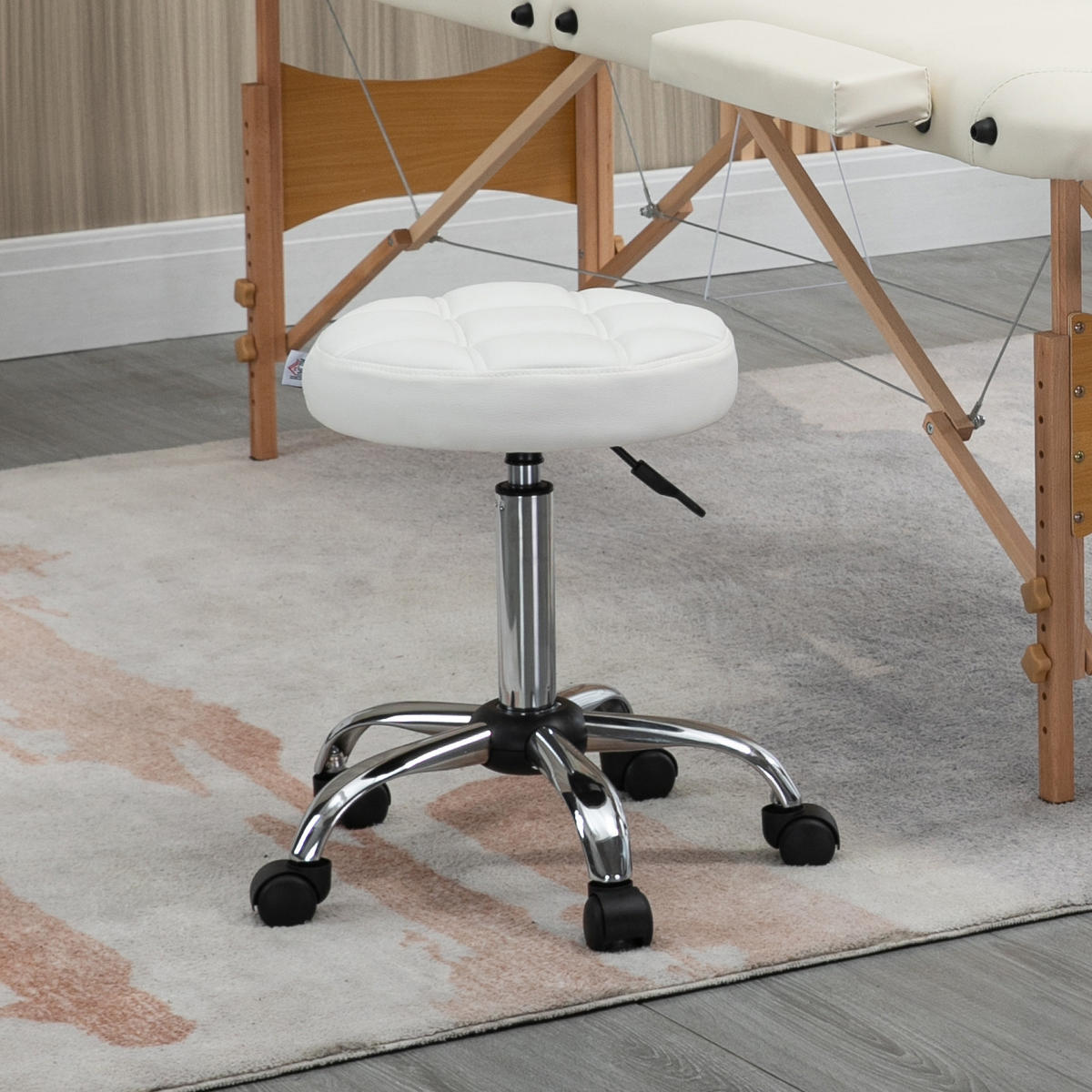 ROLLHOCKER Höhenverstellbarer Arbeitshocker, Drehbarer Salon Hocker für Büro - Weiß, Leder (35.5/67/35.5cm) - HOMCOM