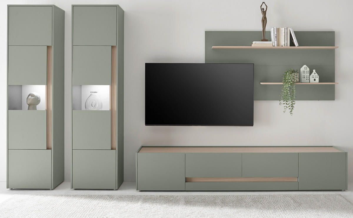 WOHNWAND Salbei grün, Eiche Barista Set 4-teilig, Wohnkombination mit XL-TV-Schrank 400 cm - Salbeigrün/Eichefarben, Glas/Holzwerkstoff (400/197/45cm) - Furn.Design