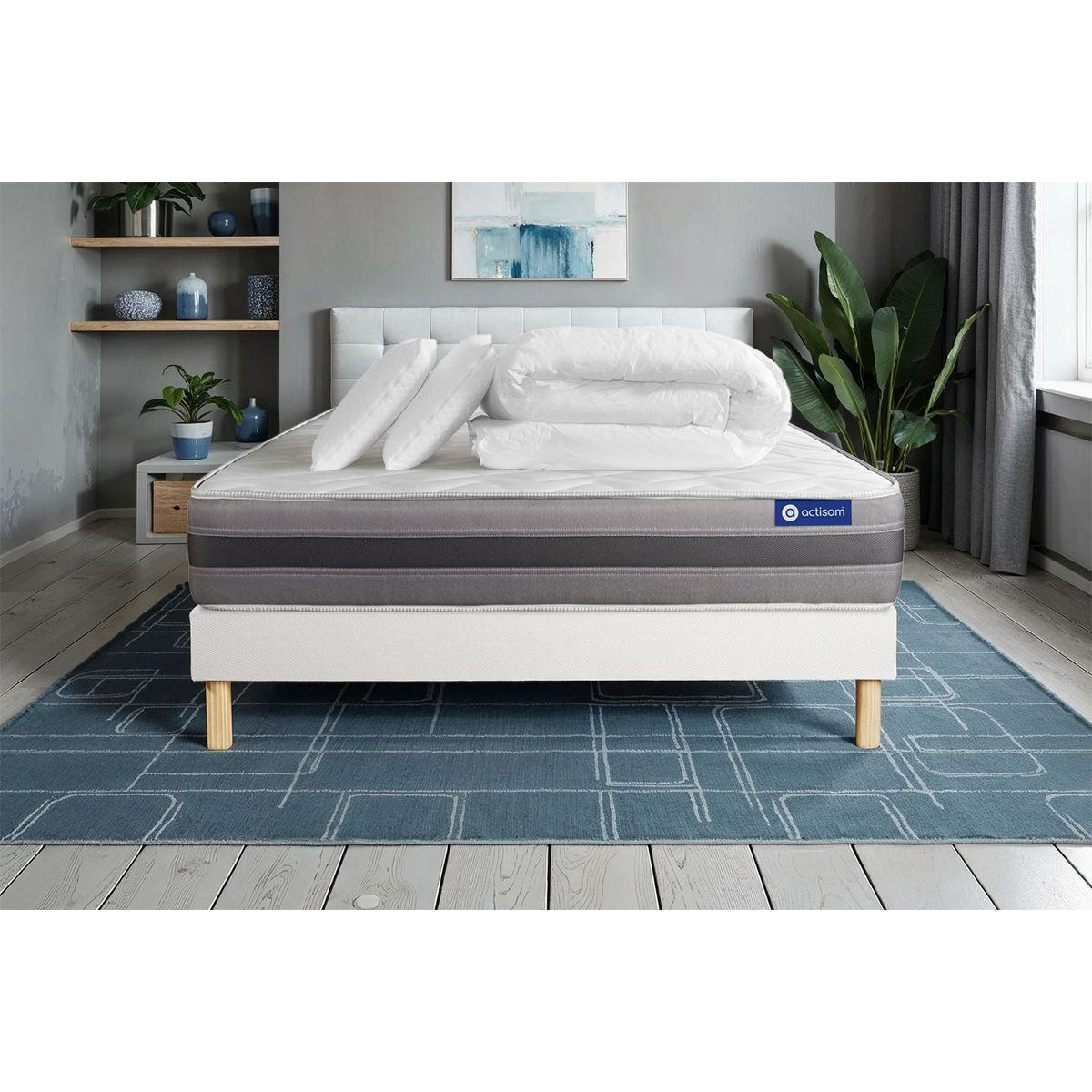 BETT Actiflex relax Taschenfederkern und Memory-Schaum 140 x 200 cm h1 - Kit Bettgestell Weiß - Mit Kissen und Bettdecke - Beige/Weiß, Karton/Holz (140/200cm) - ACTISOM
