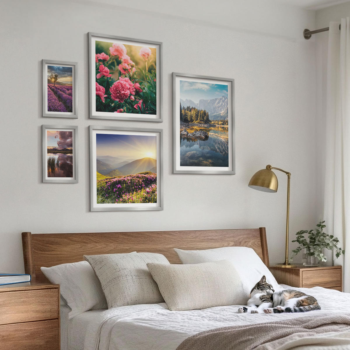 BILDER SET 5er Set - 50x50 cm & 20x30 cm & 40x60 cm Silberner Rahmen - Blumengarten, Bergwiese, Wasser - Silberfarben, Kunststoff (40/60cm) - TULUP