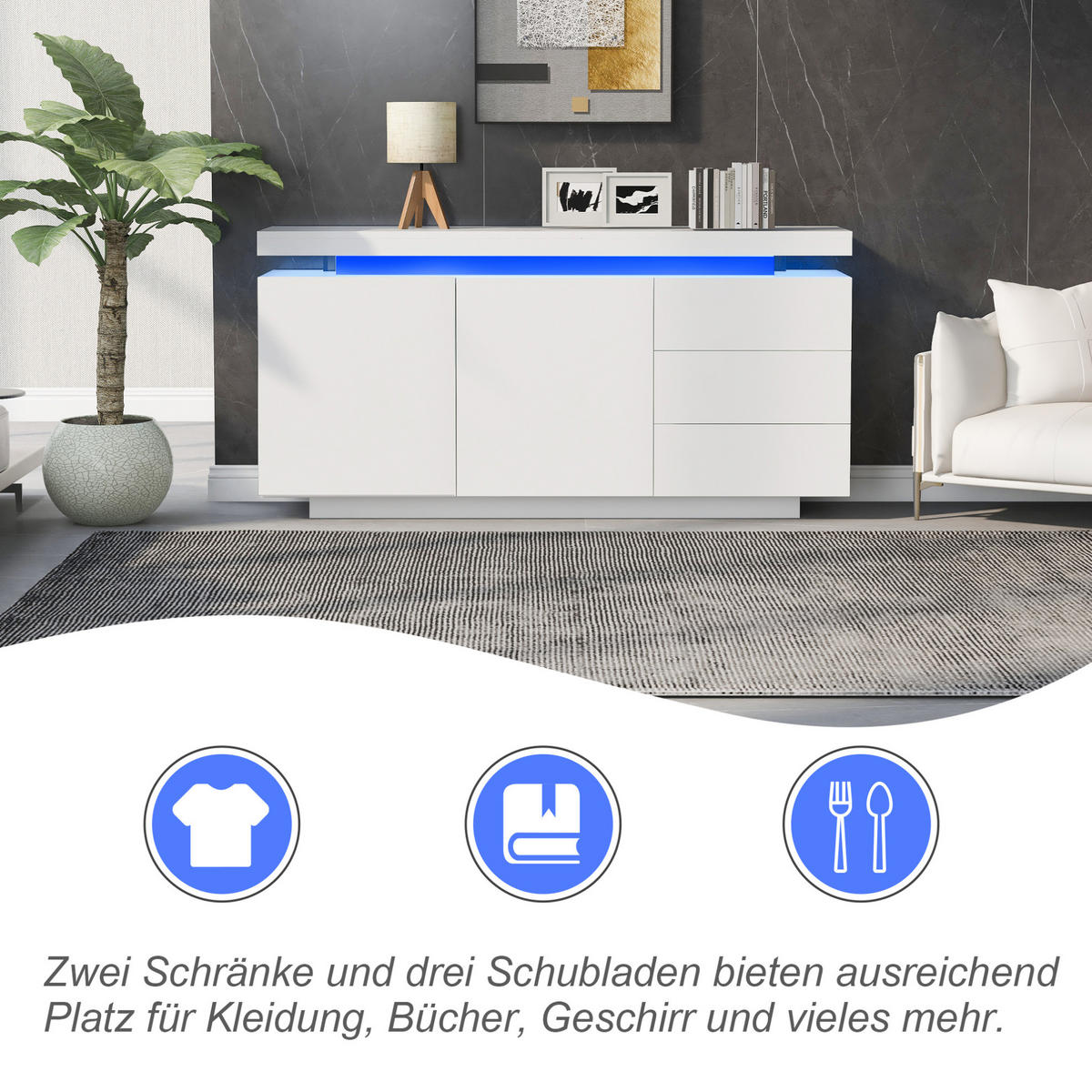 SIDEBOARD 140/35/72.5 cm Weiß aus Spanplatte mit LED-Licht - Weiß, Holzwerkstoff (38/72/140cm) - OKMYHOME