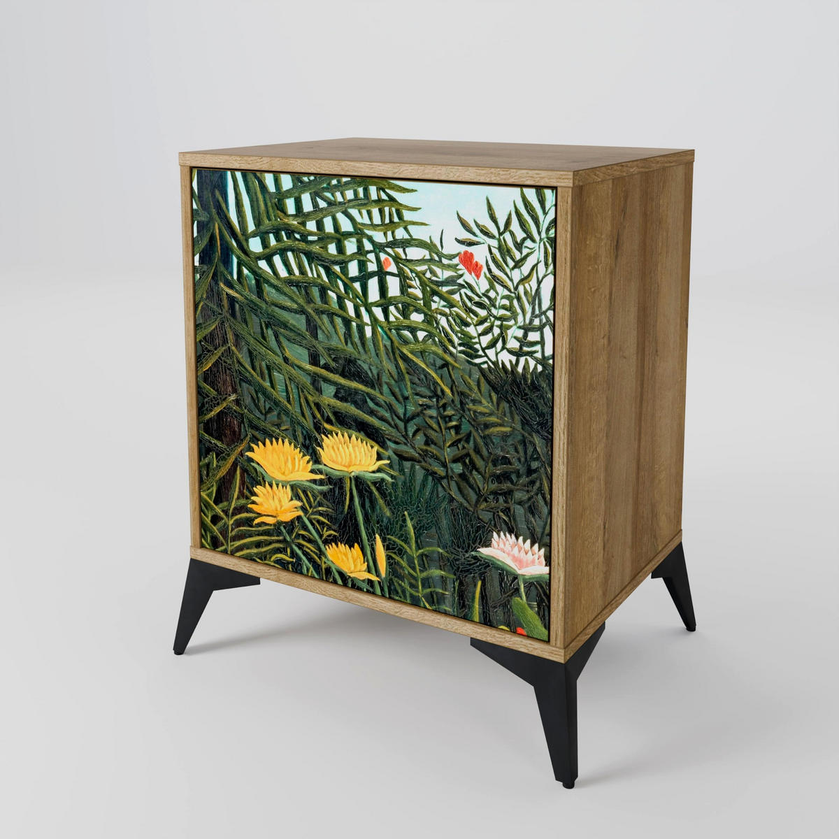 SIDEBOARD VIRGIN FOREST WITH SUNSET, Eichefarben, 57,5x42x75,5 cm, Goldfarbene Metallfüße - Eichefarben/Goldfarben, Holzwerkstoff/Metall (57.5/75.5/42cm) - SpaceRebels
