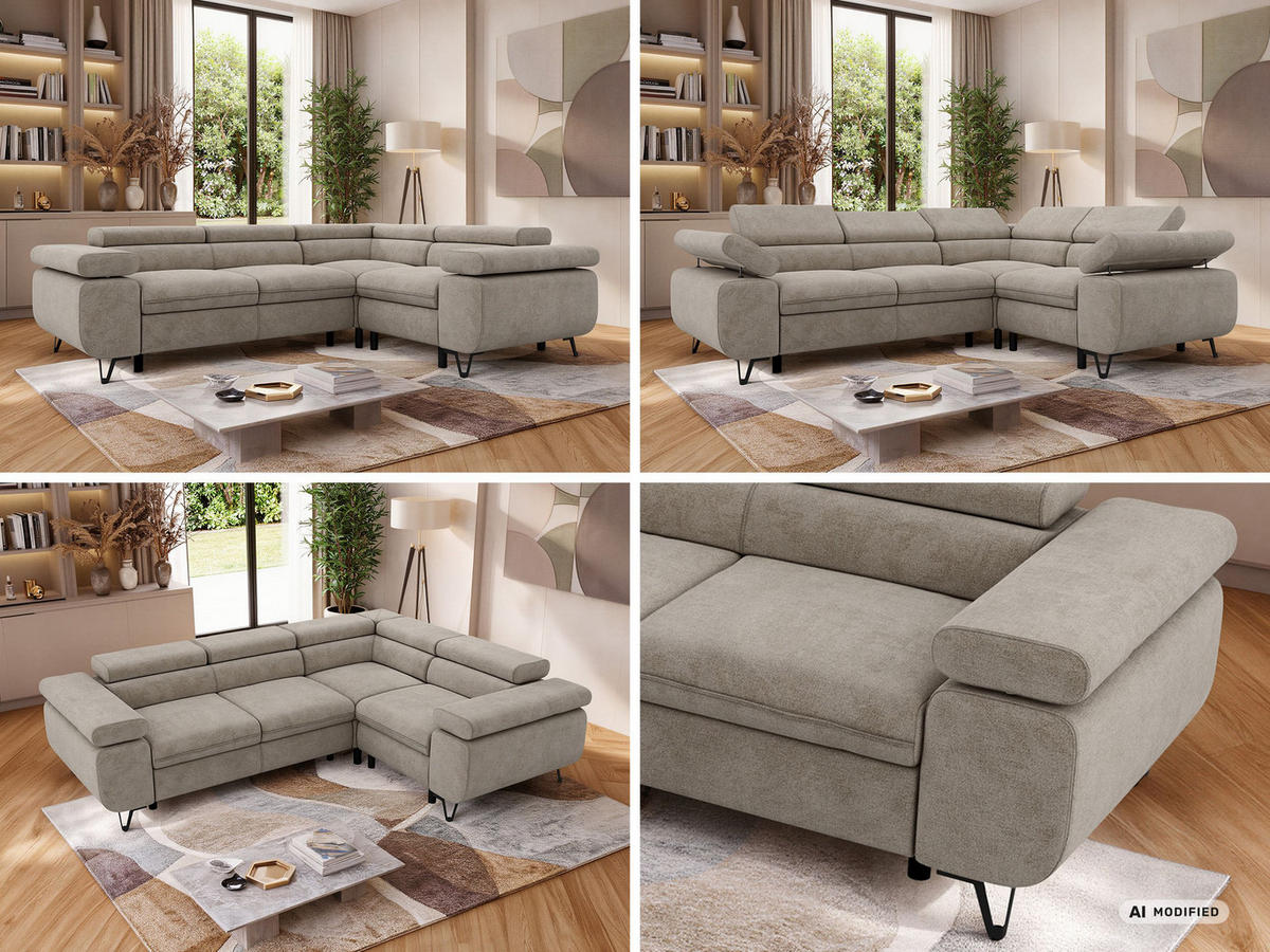 ECKSOFA ORSO L Greige Stukture - Rechts Seite - Greige/Schwarz, Textil/Metall (268/197cm) - MKS