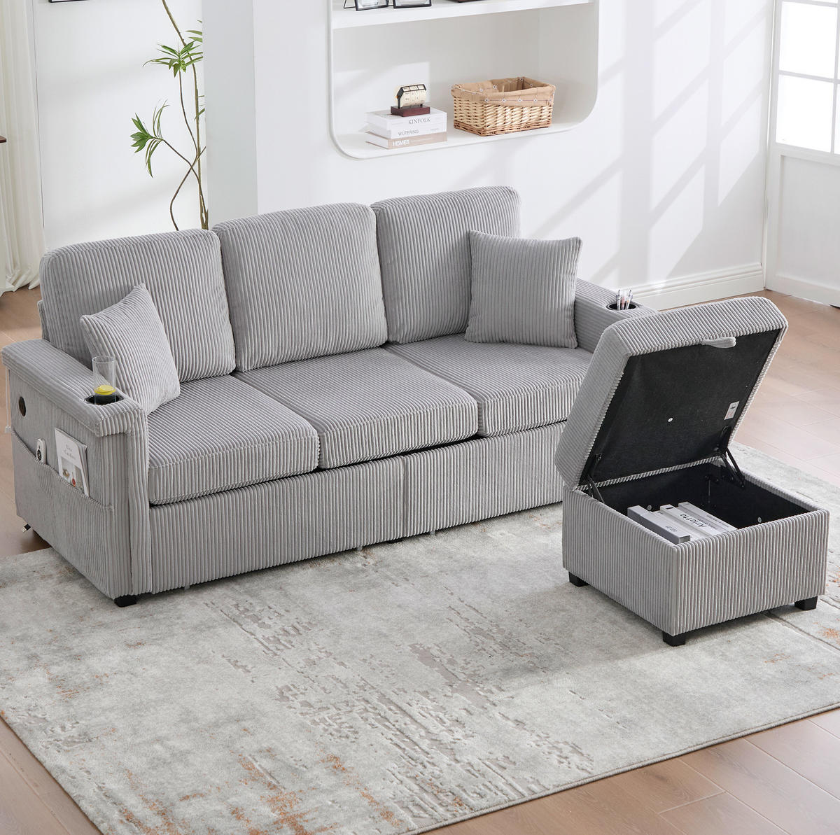 SOFA mit LED und USB/Type-C 194 x 73 x 81 cm Corduroy Hellgrau - Hellgrau, Kunststoff (194/81/73cm) - Meubliv